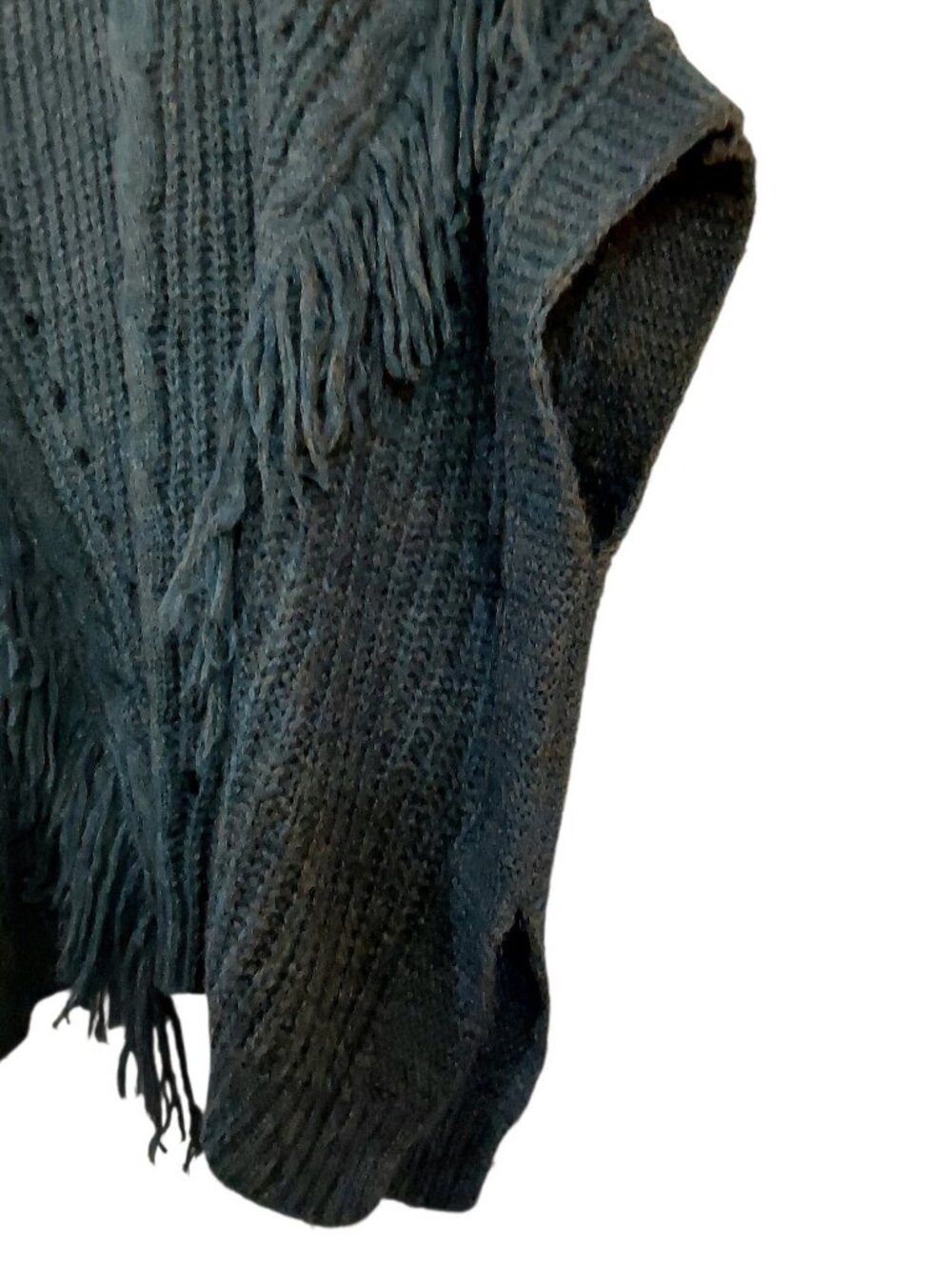 Anthropologie Fringe Cable Knit Poncho Sweater Marled Teal Oversized Boho - OS - Picture 6 of 10